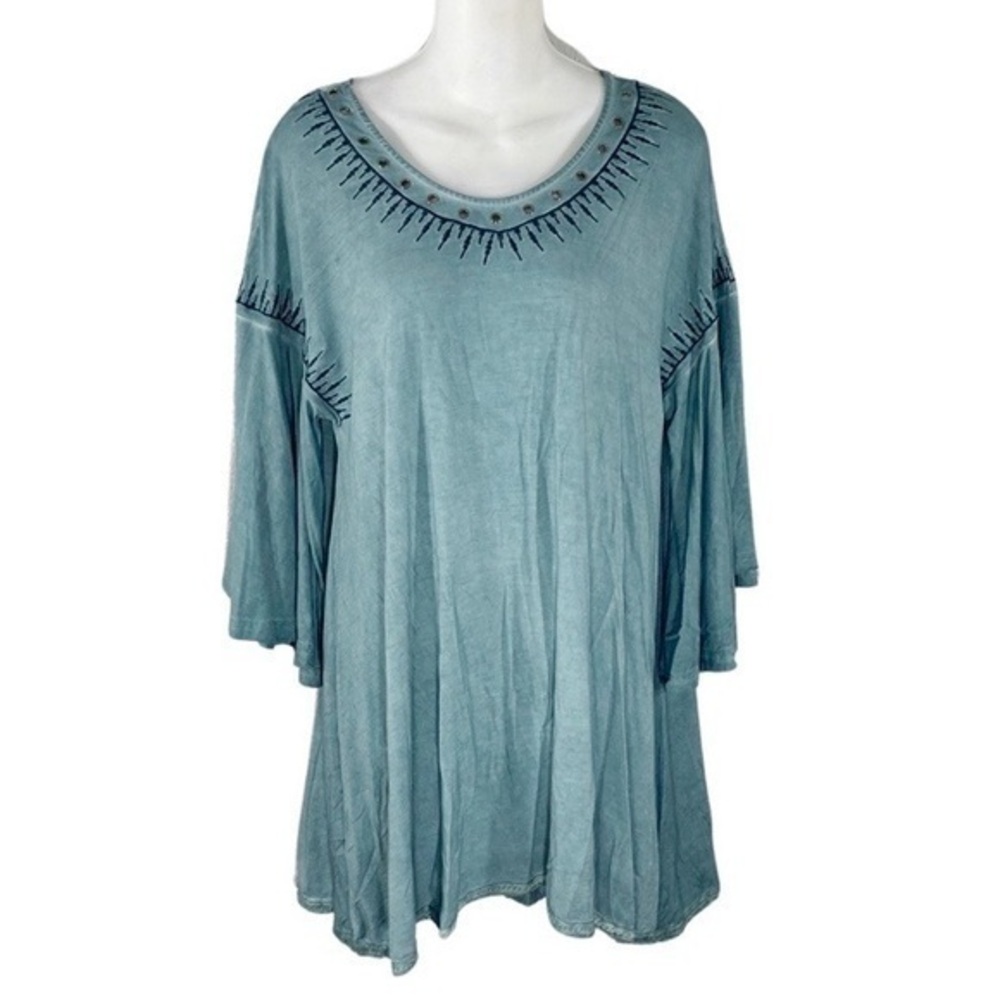 POL boho green embroidered trim grommet bell sleeve dress small S RCT411 AB24
